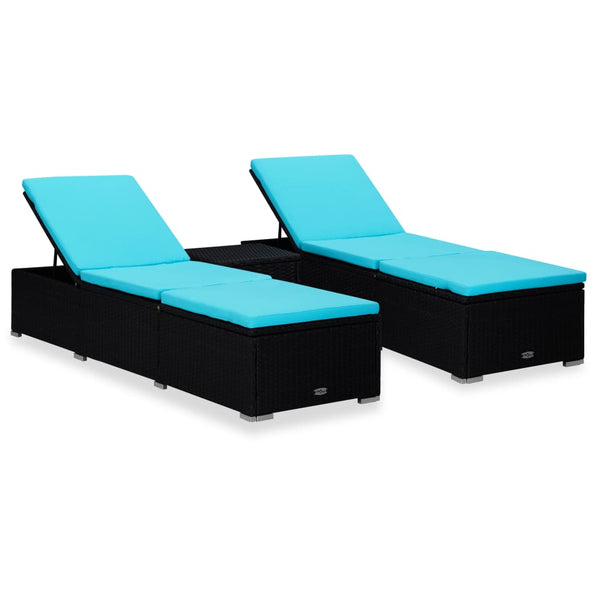 3 Piece Patio Sun Loungers with Tea Table Poly Rattan Black