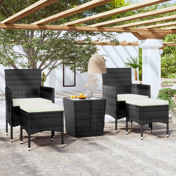 5 Piece Patio Bistro Set Poly Rattan and Tempered Glass Black