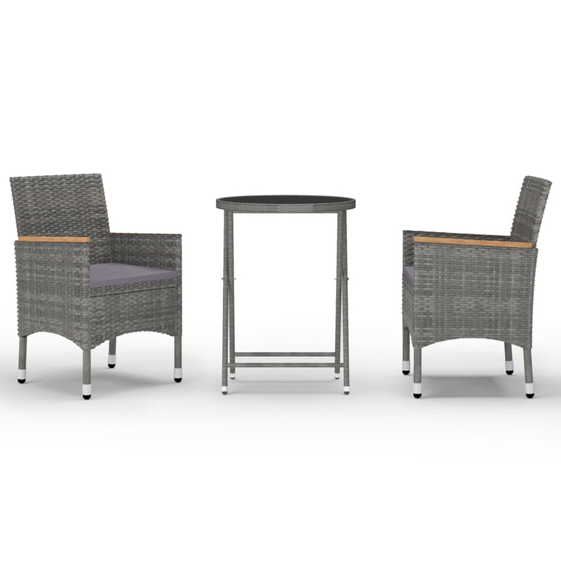 3 Piece Patio Bistro Set Poly Rattan and Tempered Glass Gray