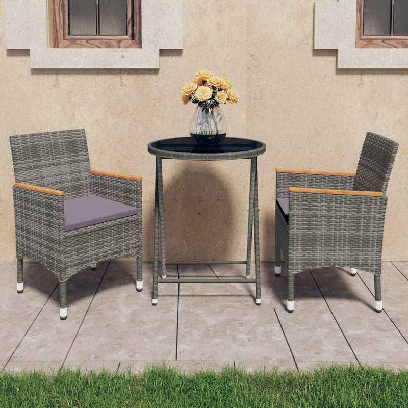 3 Piece Patio Bistro Set Poly Rattan and Tempered Glass Gray