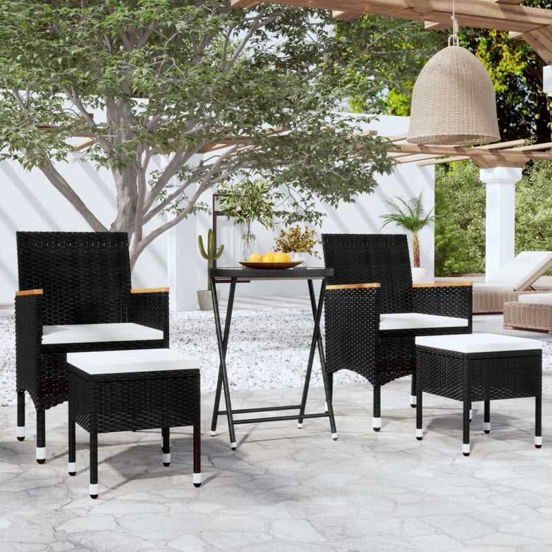 5 Piece Patio Bistro Set Poly Rattan and Tempered Glass Black