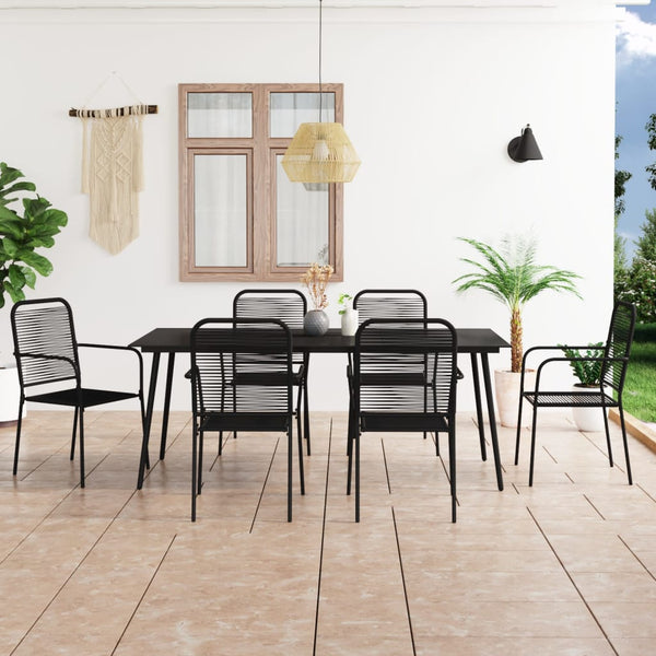 7 Piece Patio Dining Set Cotton Rope and Steel Black