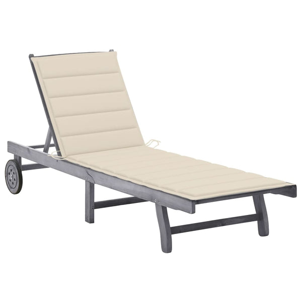 Patio Sun Lounger with Cushion Gray Solid Acacia Wood