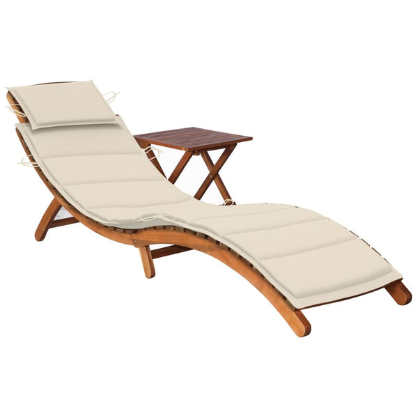 Patio Sun Lounger with Table and Cushion Solid Acacia Wood