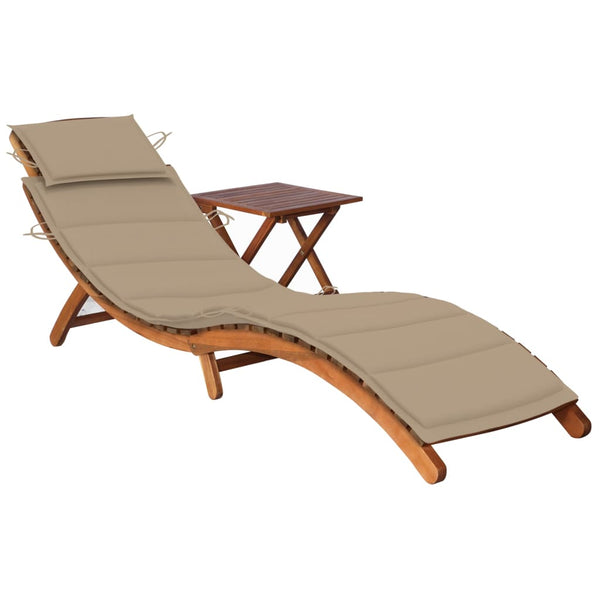 Patio Sun Lounger with Table and Cushion Solid Acacia Wood