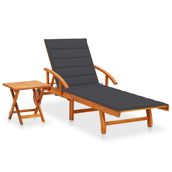 Patio Sun Lounger with Table and Cushion Solid Acacia Wood