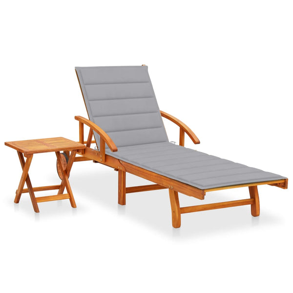 Patio Sun Lounger with Table and Cushion Solid Acacia Wood