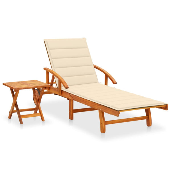 Patio Sun Lounger with Table and Cushion Solid Acacia Wood