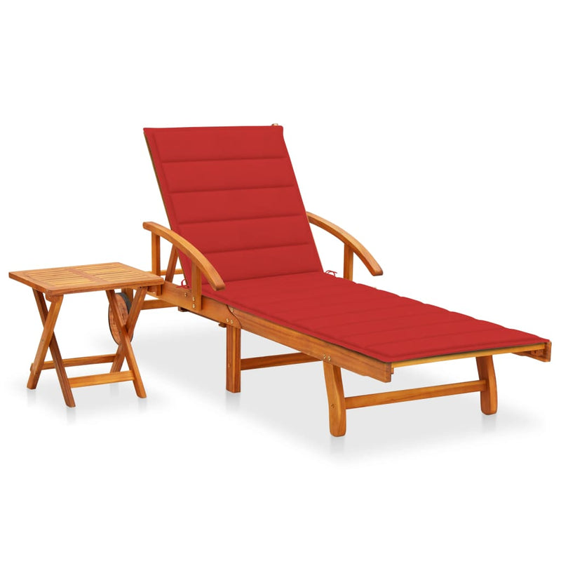 Patio Sun Lounger with Table and Cushion Solid Acacia Wood