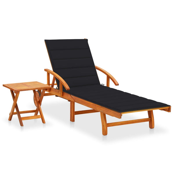 Patio Sun Lounger with Table and Cushion Solid Acacia Wood