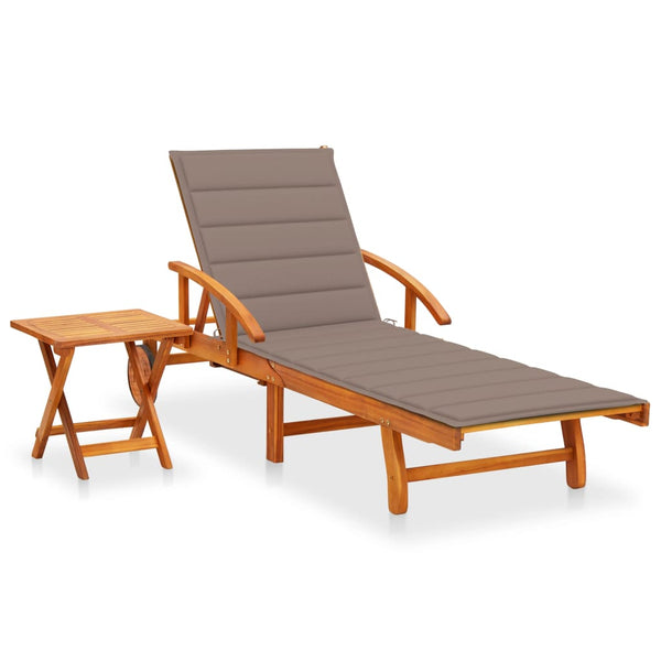 Patio Sun Lounger with Table and Cushion Solid Acacia Wood