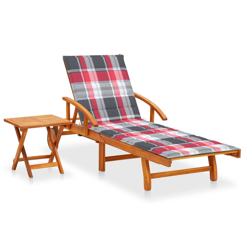 Patio Sun Lounger with Table and Cushion Solid Acacia Wood