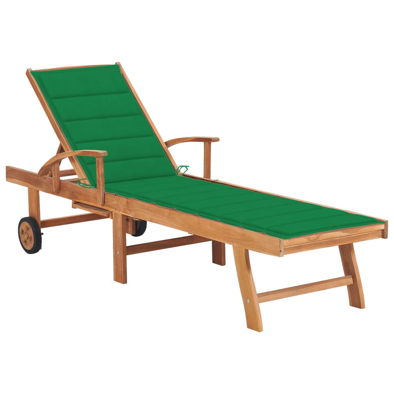 Sun Lounger with Green Cushion Solid Teak Wood