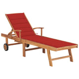 Sun Lounger with Red Cushion Solid Teak Wood