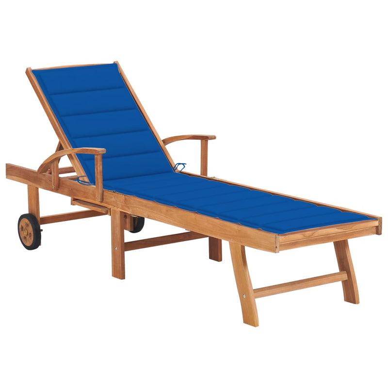 Sun Lounger with Royal Blue Cushion Solid Teak Wood