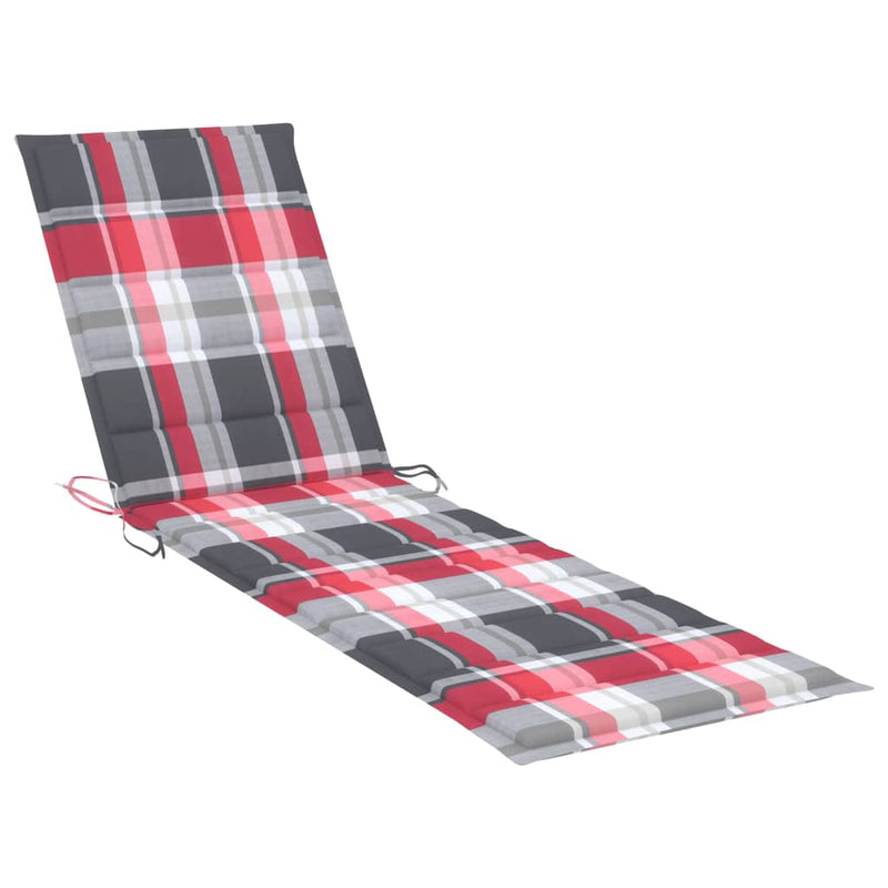 Sun Lounger with Red Check Pattern Cushion Solid Teak Wood