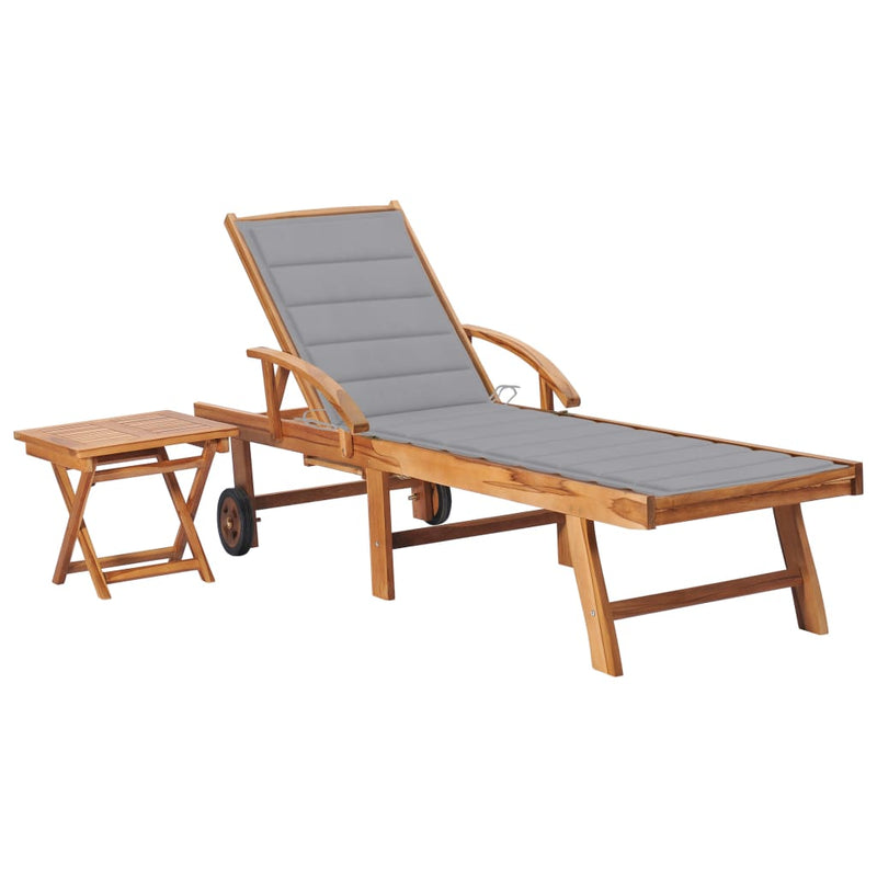 Sun Lounger with  Table and Cushion Solid Teak Wood