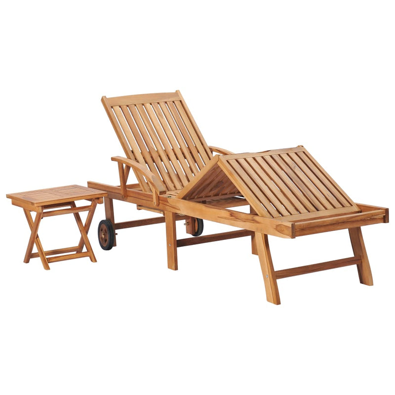 Sun Lounger with  Table and Cushion Solid Teak Wood