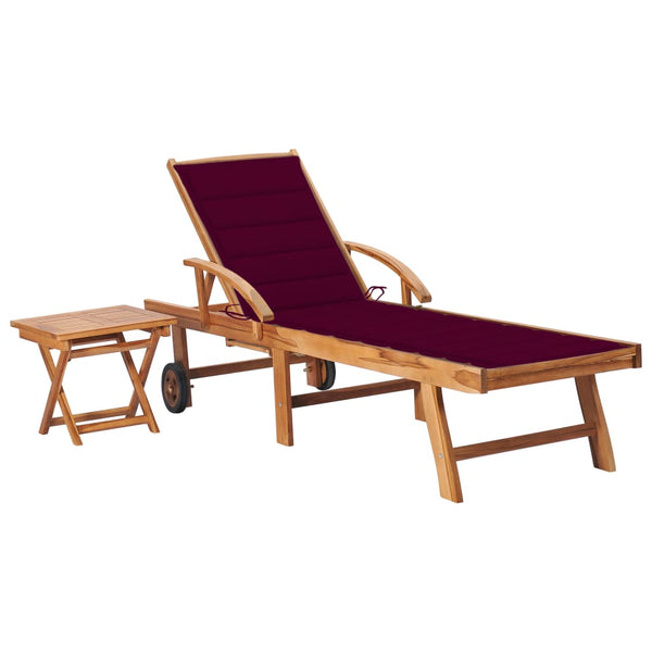 Sun Lounger with Table and Cushion Solid Teak Wood