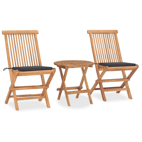 3 Piece Folding Patio Dining Set with Cushion Solid Teak Wood