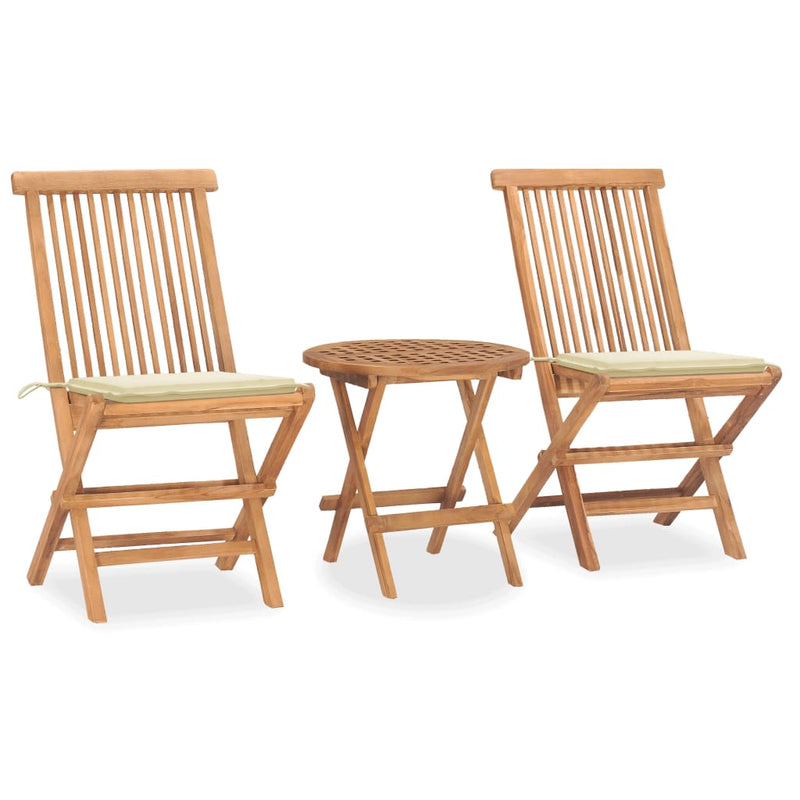 3 Piece Folding Patio Dining Set with Cushion Solid Teak Wood