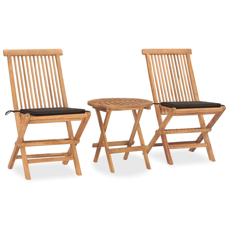 3 Piece Folding Patio Dining Set with Cushion Solid Teak Wood