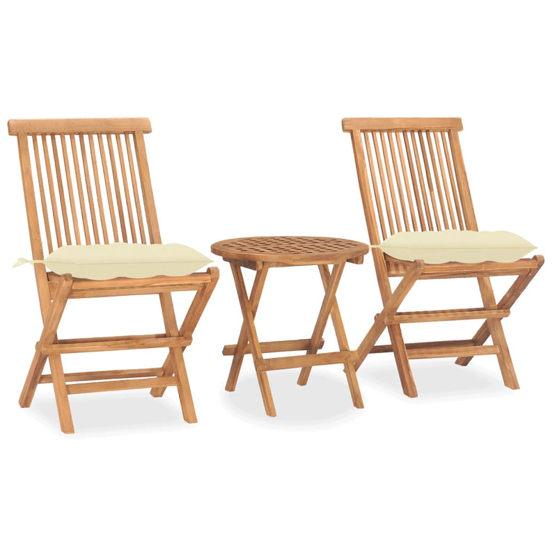 3 Piece Folding Patio Dining Set with Cushion Solid Teak Wood