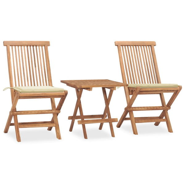 3 Piece Folding Patio Dining Set with Cushion Solid Teak Wood