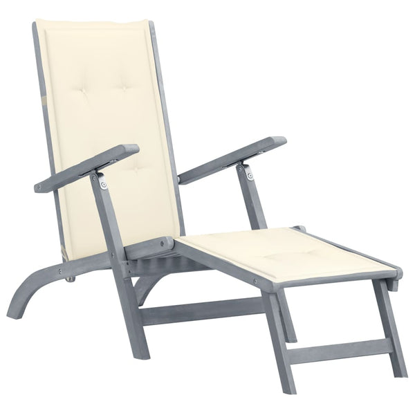 Patio Deck Chair with Footrest and Cushion Solid Acacia Wood