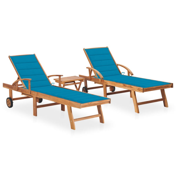 Sun Loungers 2 pcs with Table and Cushion Solid Teak Wood