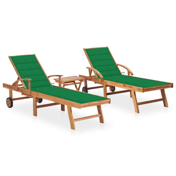 Sun Loungers 2 pcs with Table and Cushion Solid Teak Wood