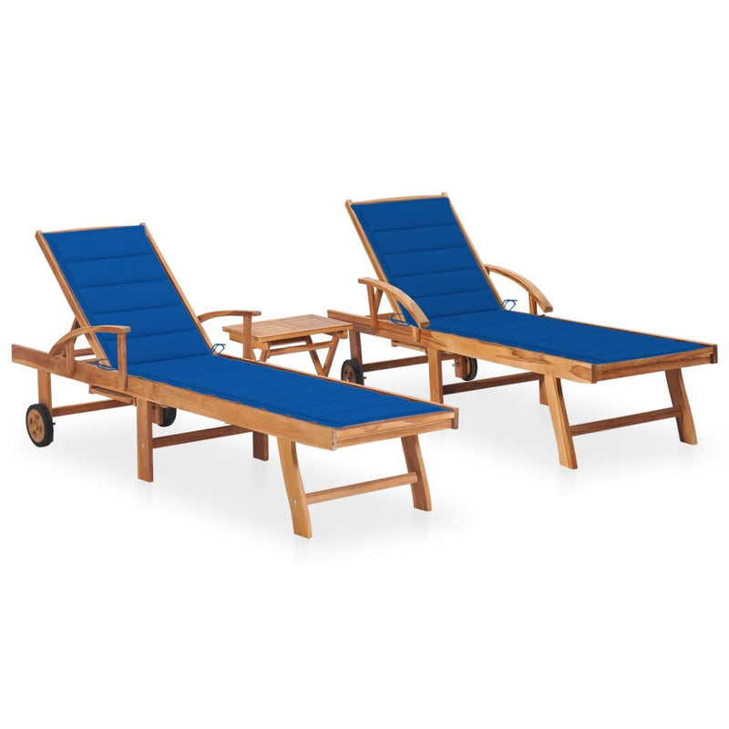 Sun Loungers 2 pcs with Table and Cushion Solid Teak Wood