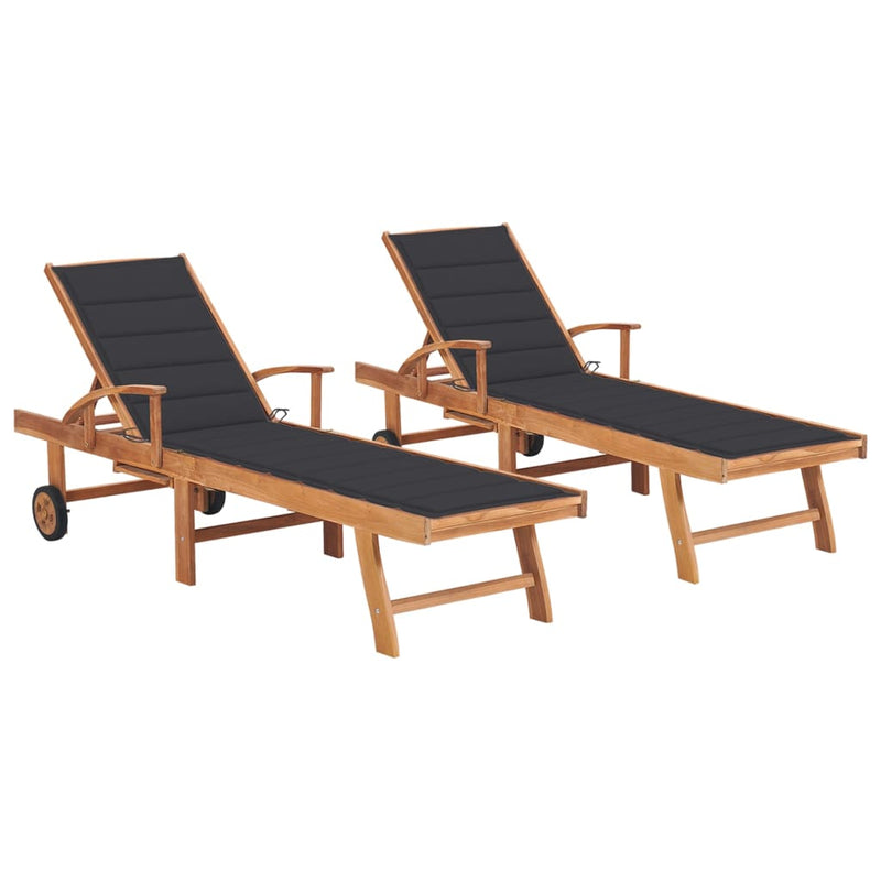 Sun Loungers 2 pcs with Anthracite Cushion Solid Teak Wood