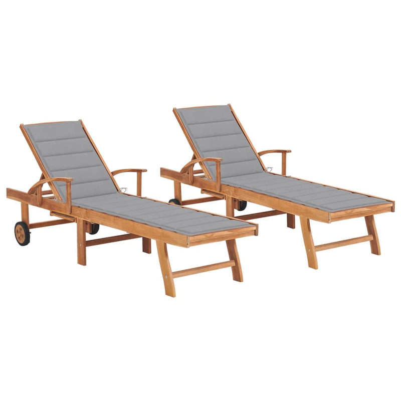 Sun Loungers 2 pcs with Gray Cushion Solid Teak Wood