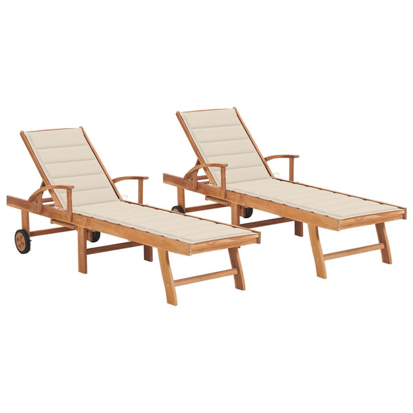 Sun Loungers 2 pcs with Cream Cushion Solid Teak Wood