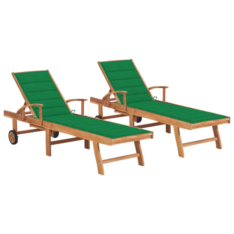 Sun Loungers 2 pcs with Green Cushion Solid Teak Wood