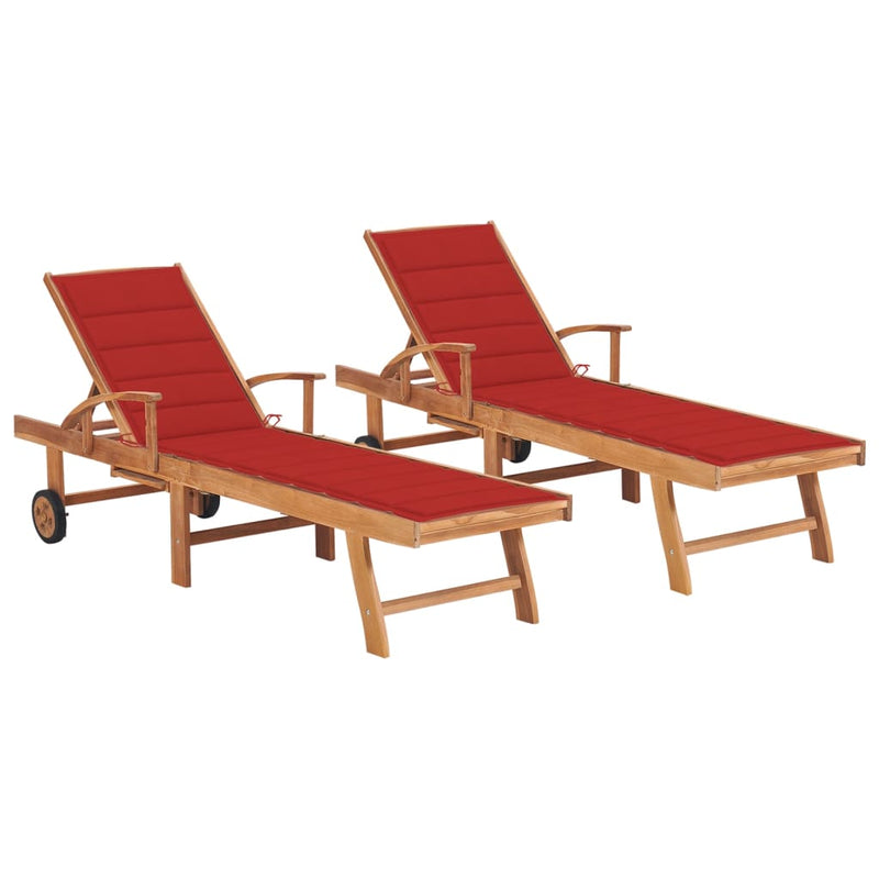 Sun Loungers 2 pcs with Red Cushion Solid Teak Wood