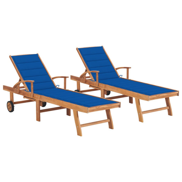 Sun Loungers 2 pcs with Royal Blue Cushion Solid Teak Wood