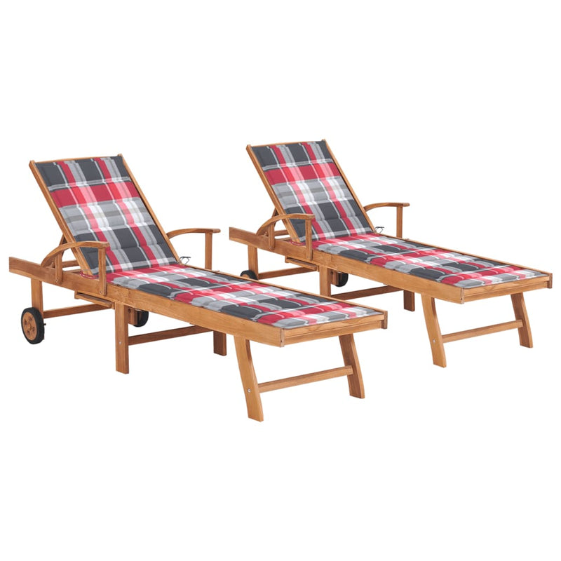 Sun Loungers 2 pcs with Red Check Pattern Cushion Solid Teak Wood