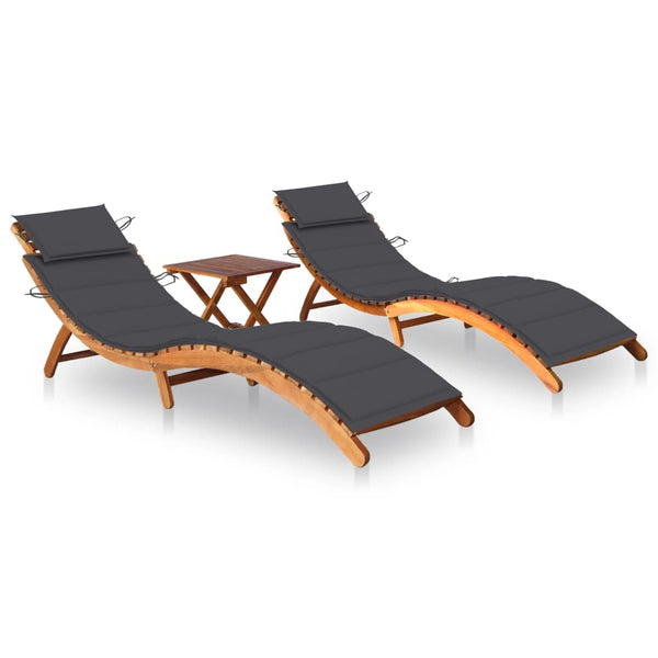 Sun Loungers 2 pcs with Table and Cushions Solid Acacia Wood