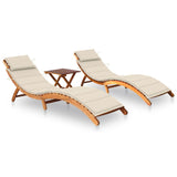 Sun Loungers 2 pcs with Table and Cushions Solid Acacia Wood