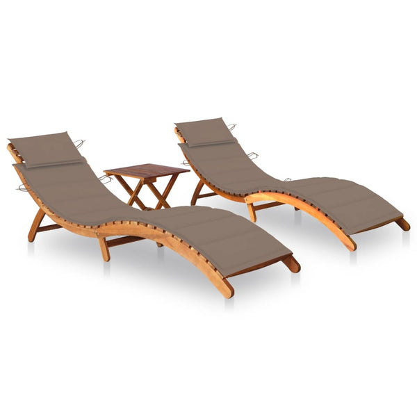 Sun Loungers 2 pcs with Table and Cushions Solid Acacia Wood