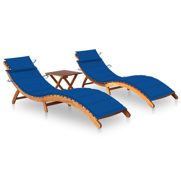 Sun Loungers 2 pcs with Table and Cushions Solid Acacia Wood