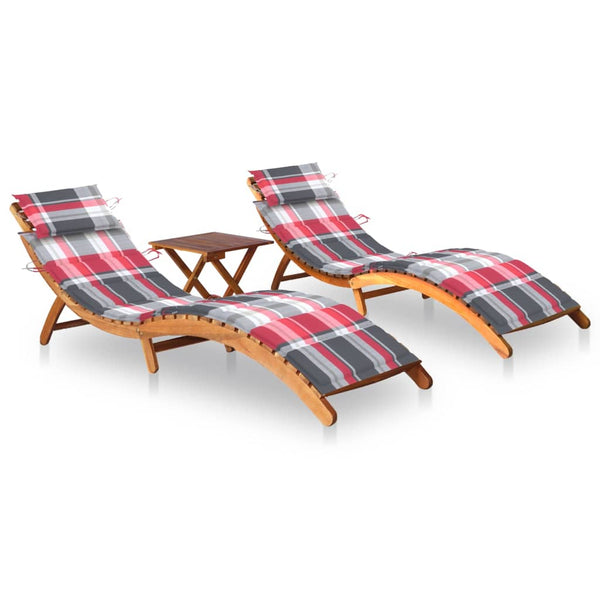 Sun Loungers 2 pcs with Table and Cushions Solid Acacia Wood