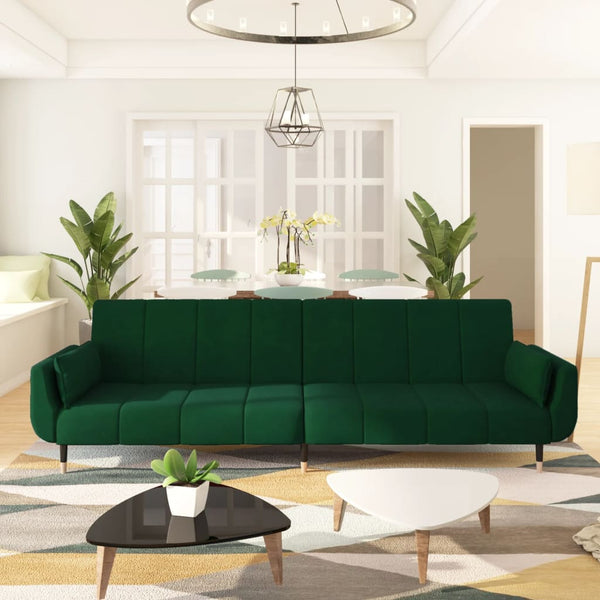 2-Seater Sofa Bed with Two Pillows Dark Green Velvet