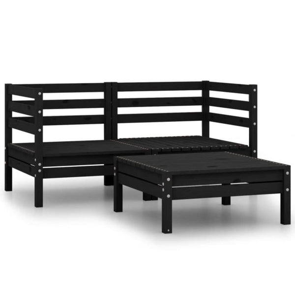 3 Piece Patio Lounge Set Solid Wood Pine Black