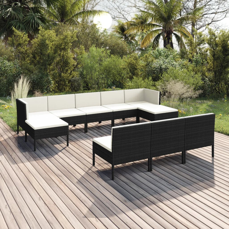 10 Piece Patio Lounge Set with Cushions Poly Rattan Black