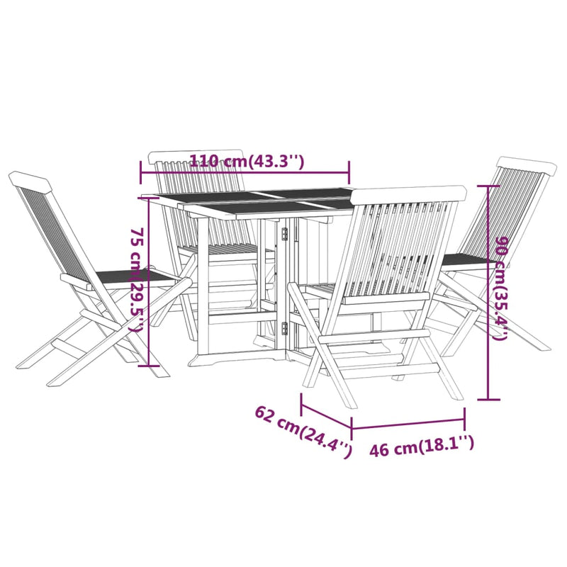 5 Piece Folding Patio Dining Set Solid Wood Teak