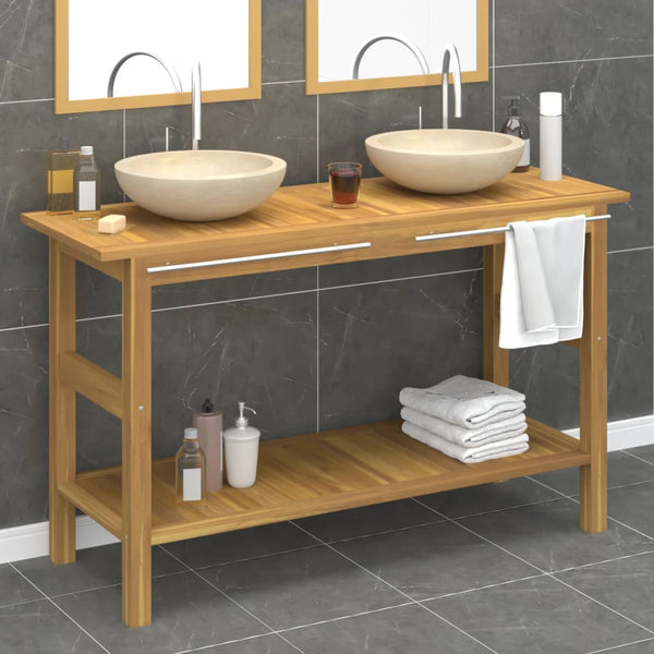 Bathroom Vanity Cabinet with Cream Marble Sinks Solid Wood Teak