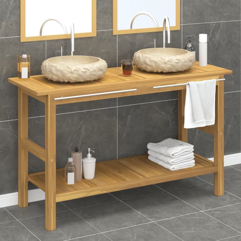 Bathroom Vanity Cabinet with Cream Marble Sinks Solid Wood Teak